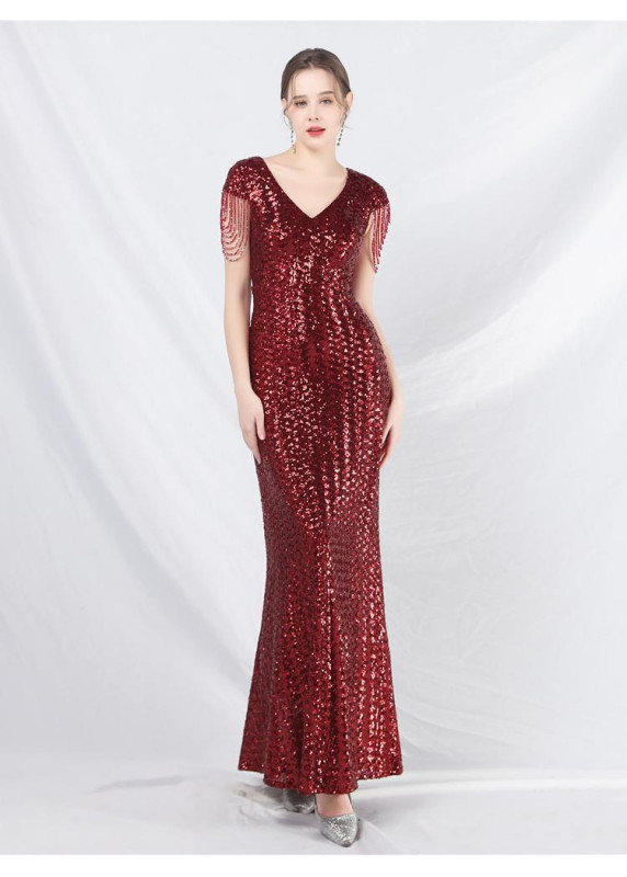 Champagne Ceremonial Gown with Elegant V-neckline and Fringed Sleeves