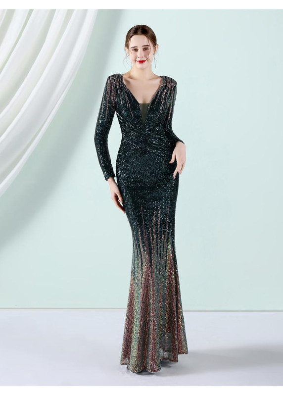 Emerald Green Sequined Evening Gown with Long Sleeves