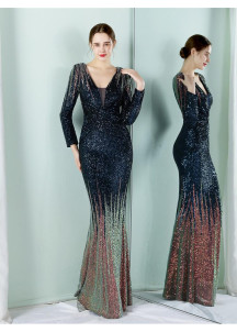 Emerald Green Sequined Evening Gown with Long Sleeves