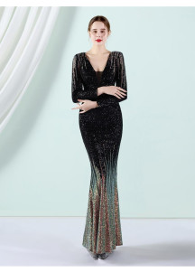 Emerald Green Sequined Evening Gown with Long Sleeves