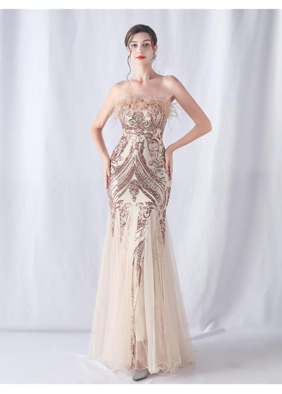 Shimmering Golden Gown with Feathered Bodice