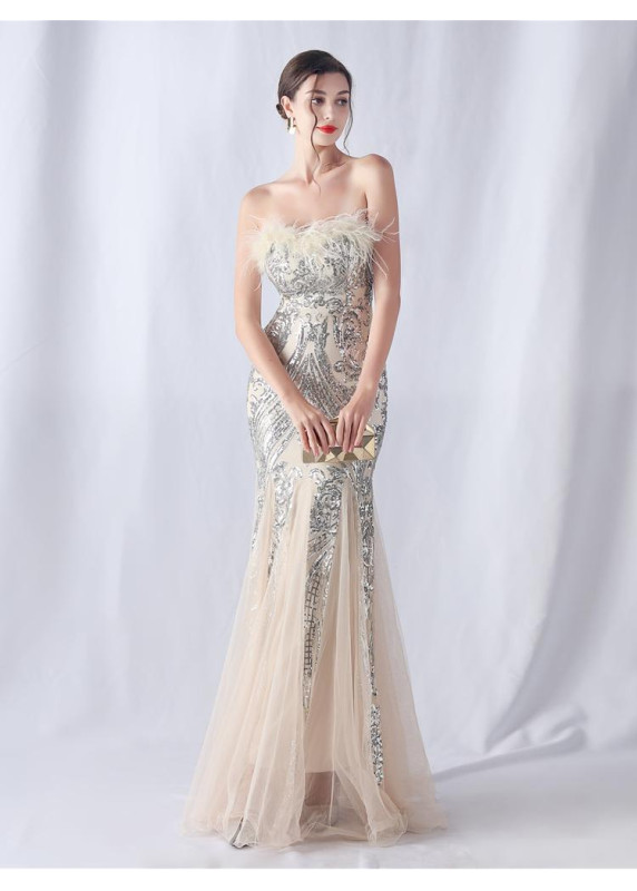 Shimmering Golden Gown with Feathered Bodice