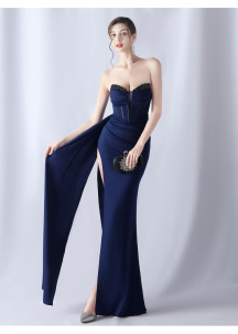 Navy Blue Ceremonial Gown with Beaded Bodice and Flowing Draped Skirt