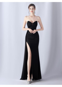 Navy Blue Ceremonial Gown with Beaded Bodice and Flowing Draped Skirt