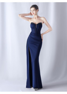 Navy Blue Ceremonial Gown with Beaded Bodice and Flowing Draped Skirt