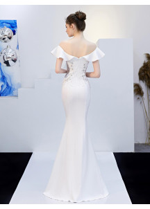 Elegant White Evening Gown with Embroidered Bodice