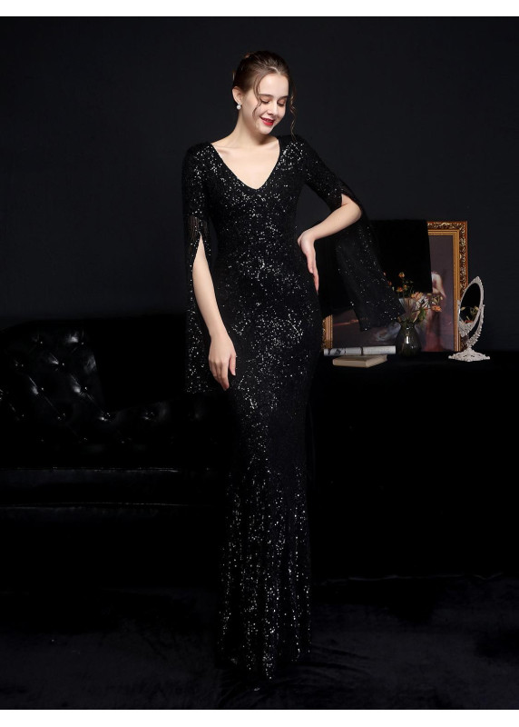 Silver Sequined Evening Gown with V-Neckline and Flared Sleeves