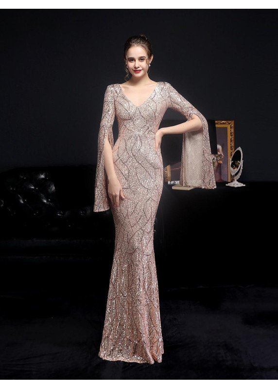 Silver Sequined Evening Gown with V-Neckline and Flared Sleeves