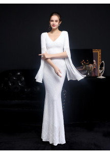 Silver Sequined Evening Gown with V-Neckline and Flared Sleeves