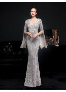 Silver Sequined Evening Gown with V-Neckline and Flared Sleeves