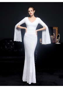 Silver Sequined Evening Gown with V-Neckline and Flared Sleeves