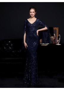 Silver Sequined Evening Gown with V-Neckline and Flared Sleeves