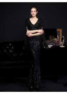 Silver Sequined Evening Gown with V-Neckline and Flared Sleeves