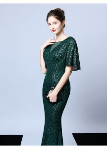 Golden Sequined Gala Gown with V-Neckline and Flared Sleeves