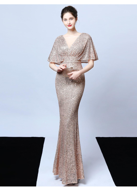 Golden Sequined Gala Gown with V-Neckline and Flared Sleeves