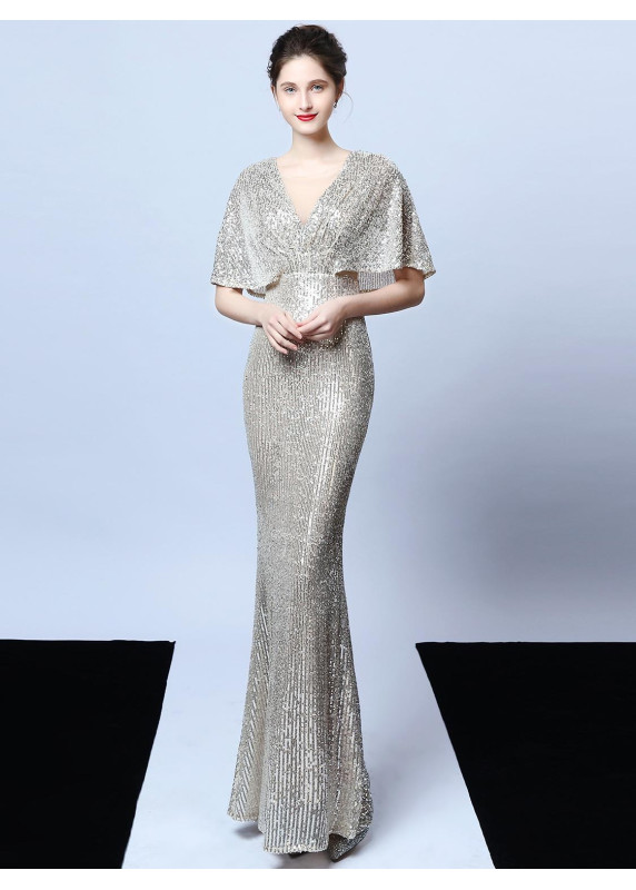 Golden Sequined Gala Gown with V-Neckline and Flared Sleeves