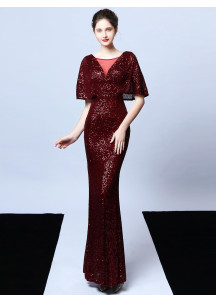 Golden Sequined Gala Gown with V-Neckline and Flared Sleeves