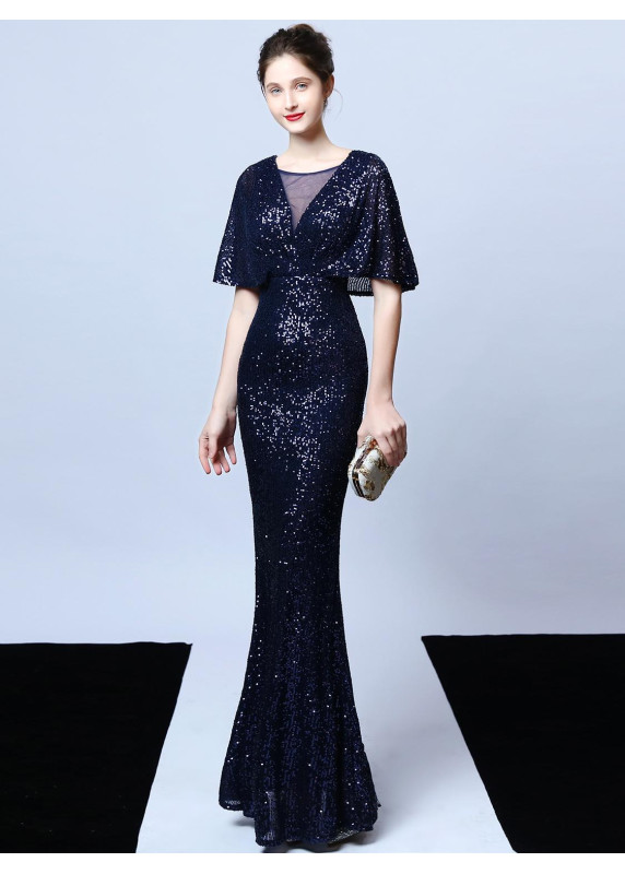 Golden Sequined Gala Gown with V-Neckline and Flared Sleeves