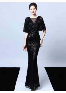 Golden Sequined Gala Gown with V-Neckline and Flared Sleeves