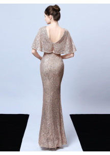 Golden Sequined Gala Gown with V-Neckline and Flared Sleeves