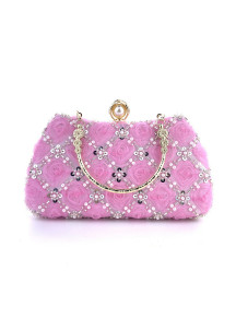 Evening Clutch with Floral Pattern in Rose Fabric and Strass Flowers