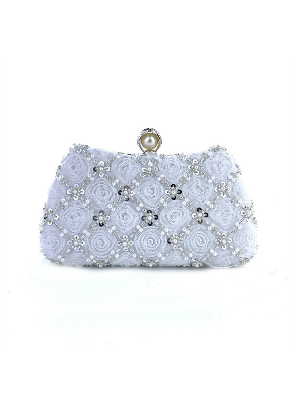 Evening Clutch with Floral Pattern in Rose Fabric and Strass Flowers