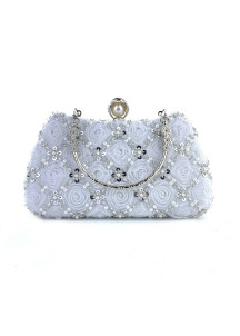 Evening Clutch with Floral Pattern in Rose Fabric and Strass Flowers