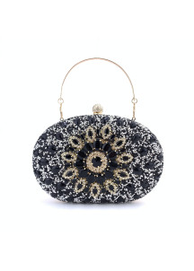 Oval-Shaped Evening Clutch Bag with Black and Golden Crystals and Floral Pattern