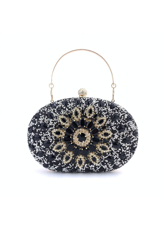 Oval-Shaped Evening Clutch Bag with Black and Golden Crystals and Floral Pattern