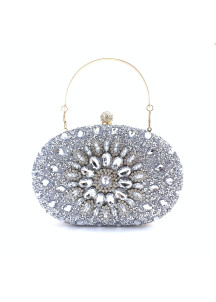 Oval-Shaped Evening Clutch Bag with Black and Golden Crystals and Floral Pattern