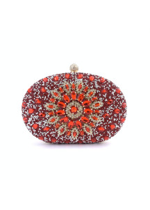 Oval-Shaped Evening Clutch Bag with Black and Golden Crystals and Floral Pattern