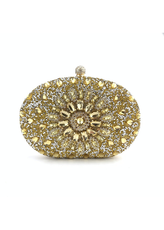 Oval-Shaped Evening Clutch Bag with Black and Golden Crystals and Floral Pattern