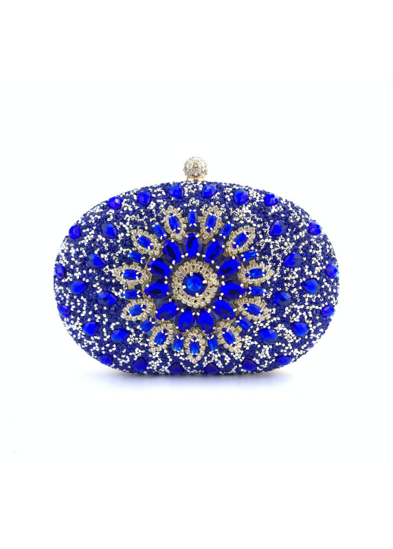 Oval-Shaped Evening Clutch Bag with Black and Golden Crystals and Floral Pattern