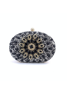 Oval-Shaped Evening Clutch Bag with Black and Golden Crystals and Floral Pattern