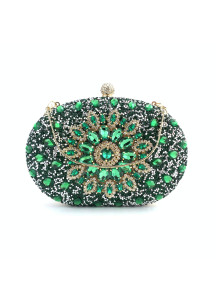 Oval-Shaped Evening Clutch Bag with Black and Golden Crystals and Floral Pattern