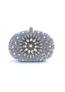 Oval-Shaped Evening Clutch Bag with Black and Golden Crystals and Floral Pattern