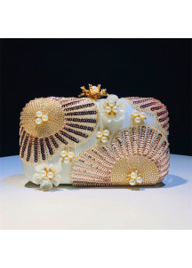 Evening Clutch Bag Adorned with Pearls, Sequins, and Mother-of-Pearl Flowers