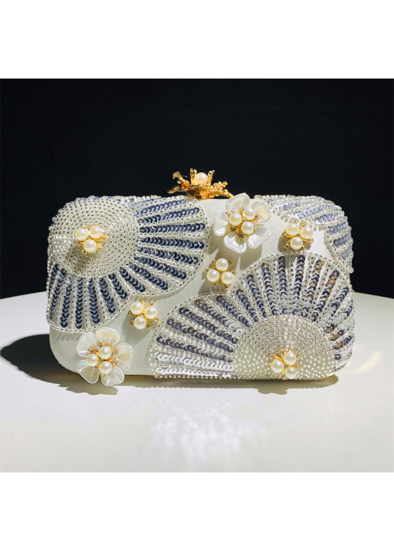 Evening Clutch Bag Adorned with Pearls, Sequins, and Mother-of-Pearl Flowers