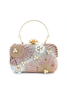 Evening Clutch Bag Adorned with Pearls, Sequins, and Mother-of-Pearl Flowers