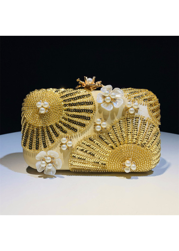 Evening Clutch Bag Adorned with Pearls, Sequins, and Mother-of-Pearl Flowers