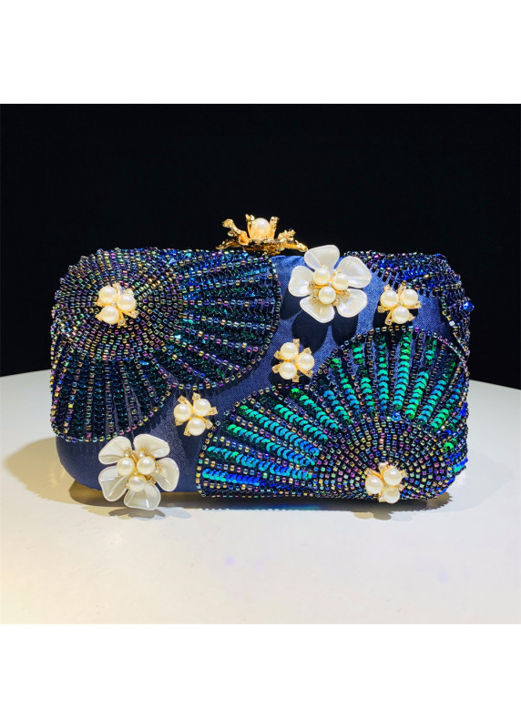 Evening Clutch Bag Adorned with Pearls, Sequins, and Mother-of-Pearl Flowers