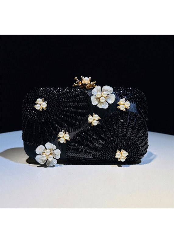 Evening Clutch Bag Adorned with Pearls, Sequins, and Mother-of-Pearl Flowers