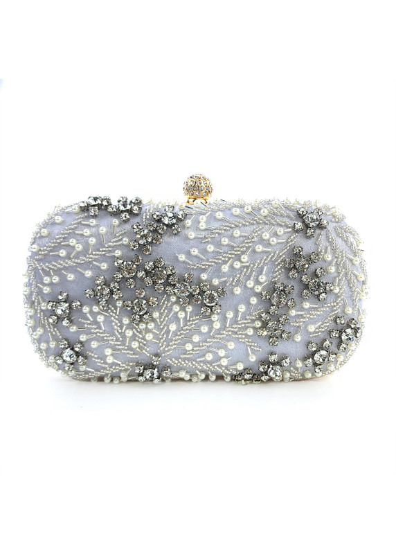 Silver Evening Clutch Bag with Pearl and Strass Embroidery and Floral Pattern