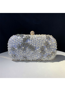 Silver Evening Clutch Bag with Pearl and Strass Embroidery and Floral Pattern