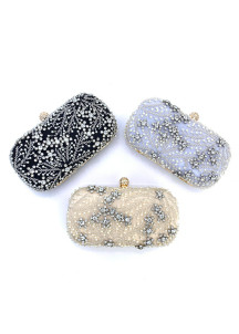 Silver Evening Clutch Bag with Pearl and Strass Embroidery and Floral Pattern