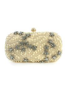 Silver Evening Clutch Bag with Pearl and Strass Embroidery and Floral Pattern