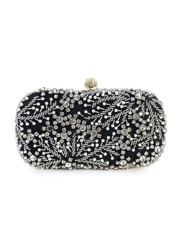 Silver Evening Clutch Bag with Pearl and Strass Embroidery and Floral Pattern