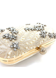 Silver Evening Clutch Bag with Pearl and Strass Embroidery and Floral Pattern