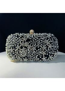 Silver Evening Clutch Bag with Pearl and Strass Embroidery and Floral Pattern