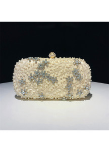 Silver Evening Clutch Bag with Pearl and Strass Embroidery and Floral Pattern